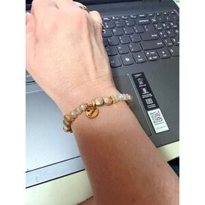 Erimish Beaded Stretch Bracelet Gold Champagne Iridescent Faceted Glass Boho